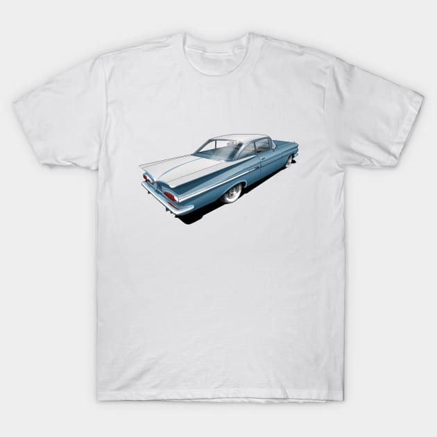 1959 Chevrolet Impala in Frost Blue and White T-Shirt by candcretro